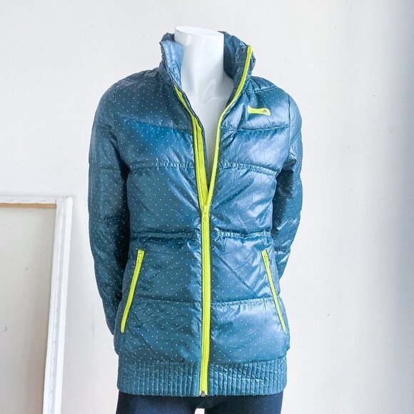 Adidas Polka Dot Neon Accent Dark Green Down filled Puffer JAcket S - Picture 6 of 7